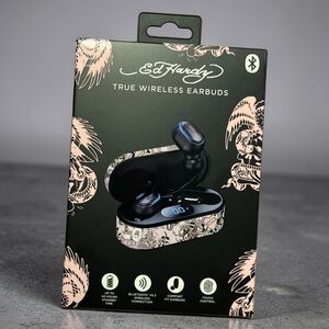 Ed Hardy Wireless Earbuds - Black and Pink Design